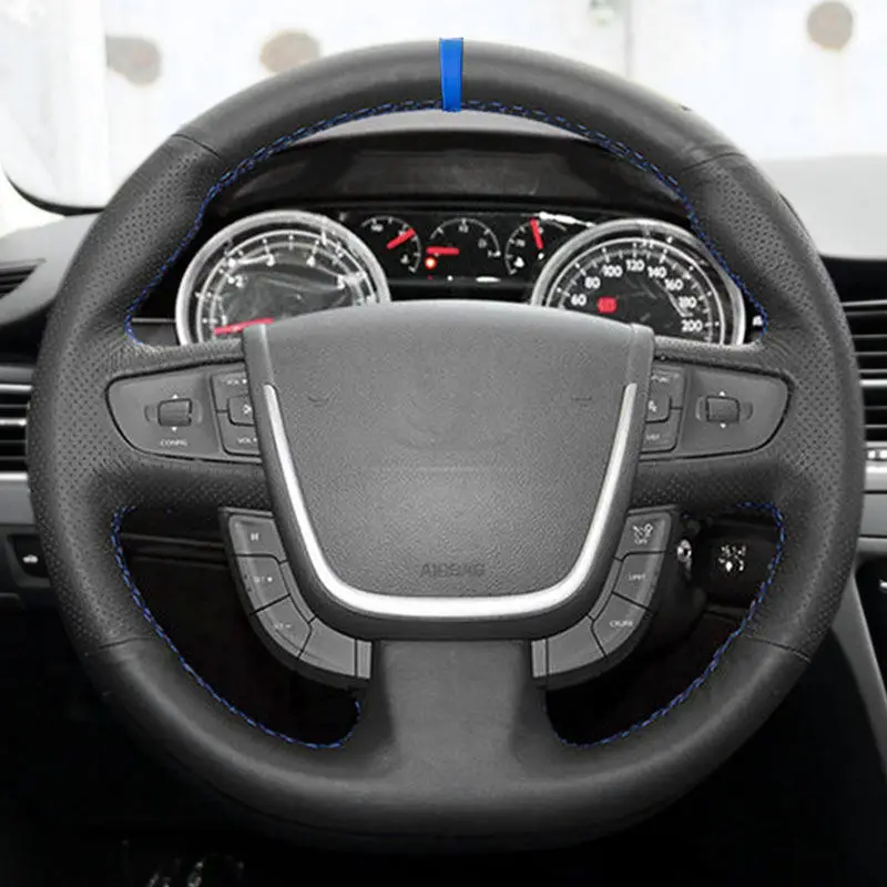 Car Steering Wheel Cover For Peugeot 508 2011 2012 2013 2014 20115 2016 2017 2018 508 SW 2011-2018 Perforated Leather blue strip