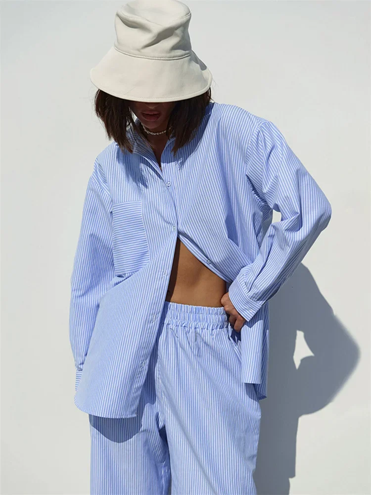 

Loose Women's Striped Pant Sets Long Sleeve Sleepwear 2 Pcs with Pants Single Breasted Pyjama Suit for Female Pajamas Suit 2026
