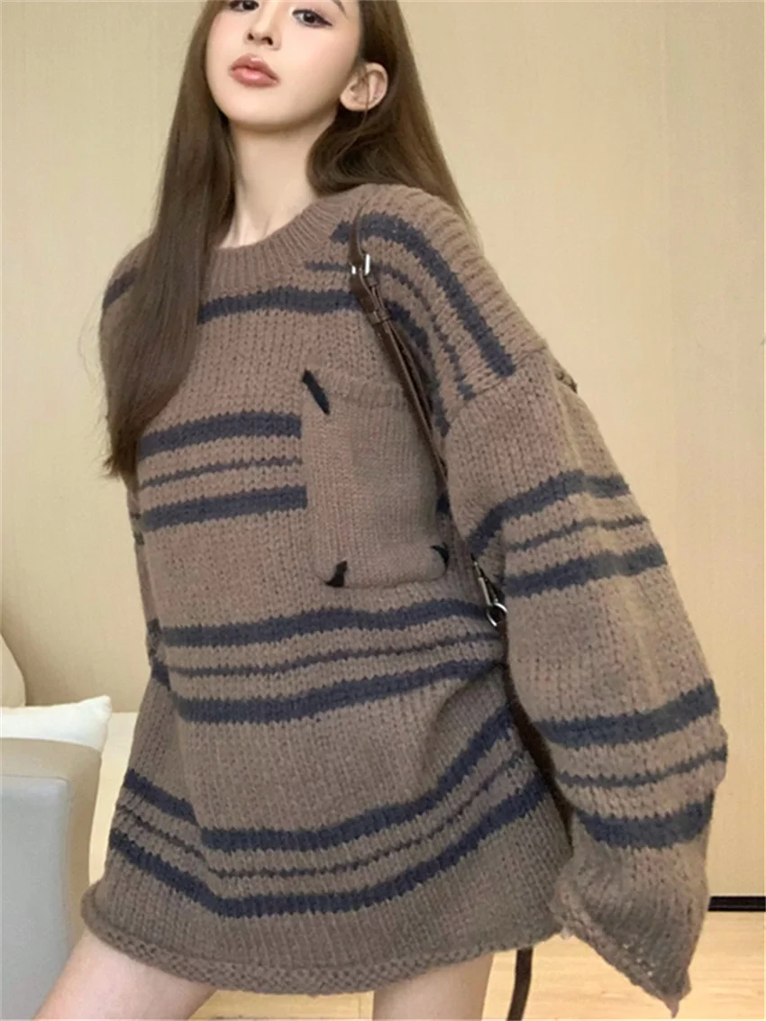 PLAMTEE Loose Gentle Sweaters Women Pullovers Stripes All Match Oversize Fashion Casual Lazy Style Knitted Chic Warm Winter