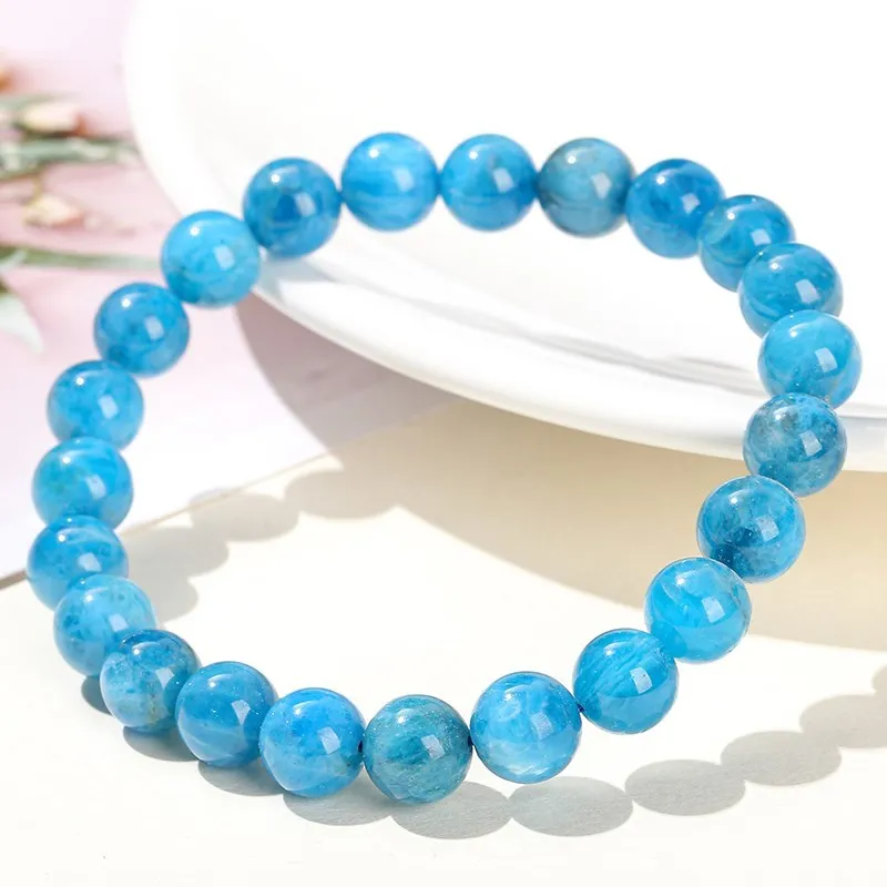 JD Natural Genuine Apatite Stone Bead Bracelet Women Men Fashion Blue Phosphorite Round Smooth Energy Bangles Jewelry Yoga Wrist