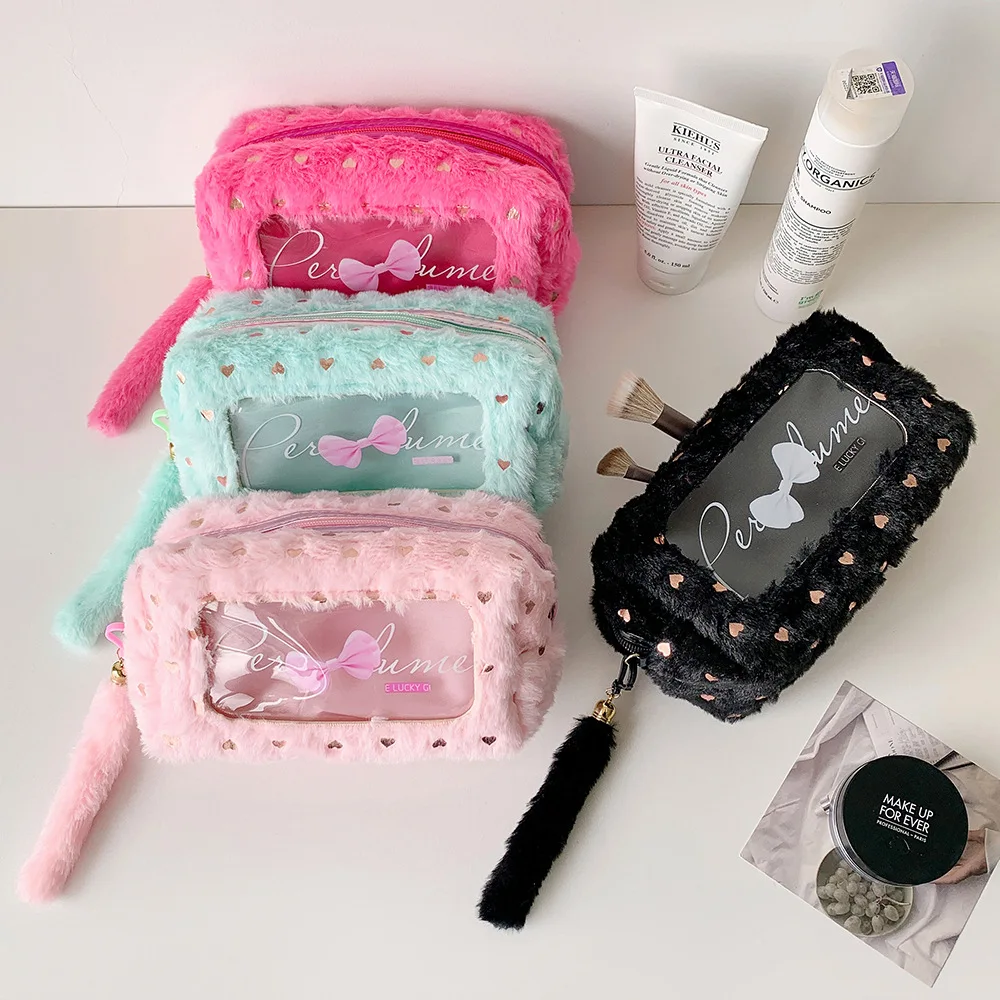Ins Simple Bow Pen Bag Korean Edition Plush Large Capacity Stationery Storage Bag Student DIY Material Storage Bag