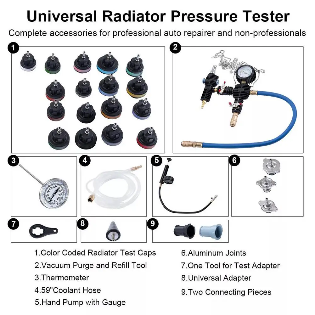 28pcs Car Radiator Coolant Pressure Tester Vacuum Refill Tool Kit Vacuum Type Coolling System Kit Auto Coolant Purge Refill Kit