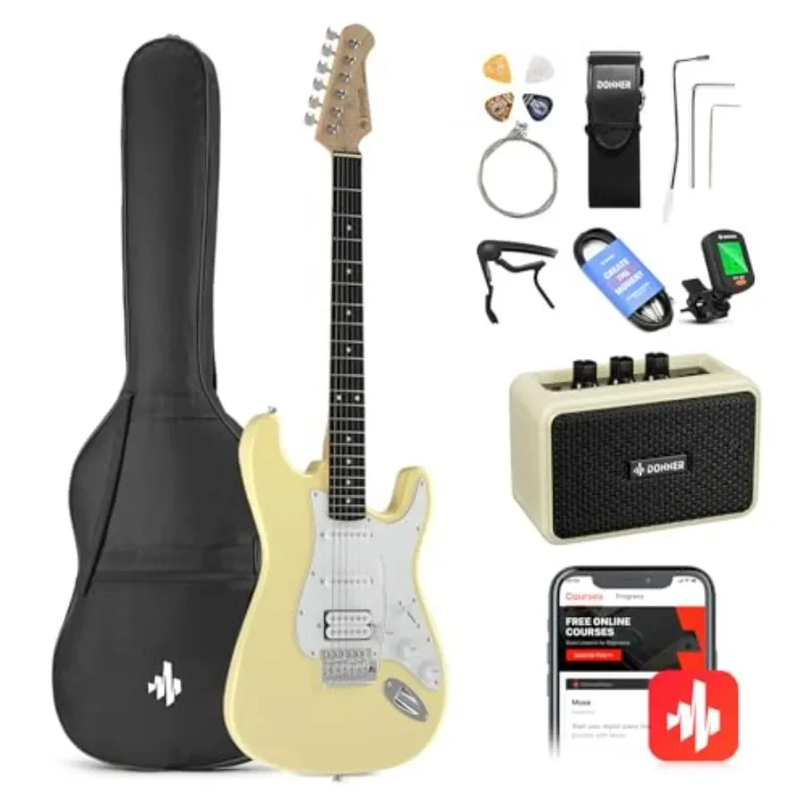 39-Inch Electric Guitar Starter Kit for beginners, yellow ABS body, includes amp, gig bag, tuner, capo, strap, strings, cable,