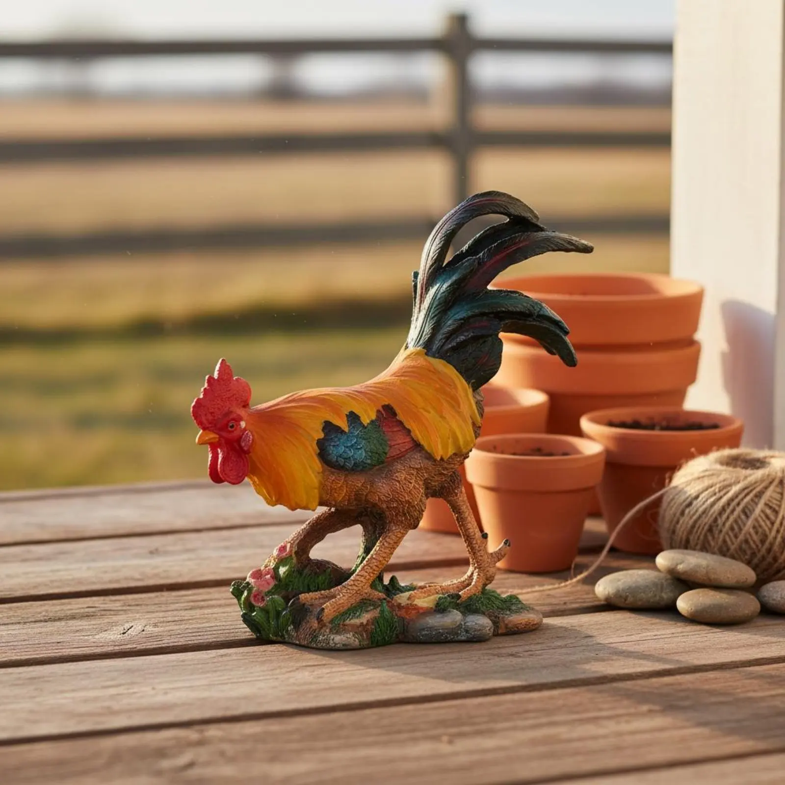 2 Pieces Resin Cockerel Figurine Weather-Resistant Cockerel Statue Chicken Yard Ornament Hand Painted Look Outdoor Decoration