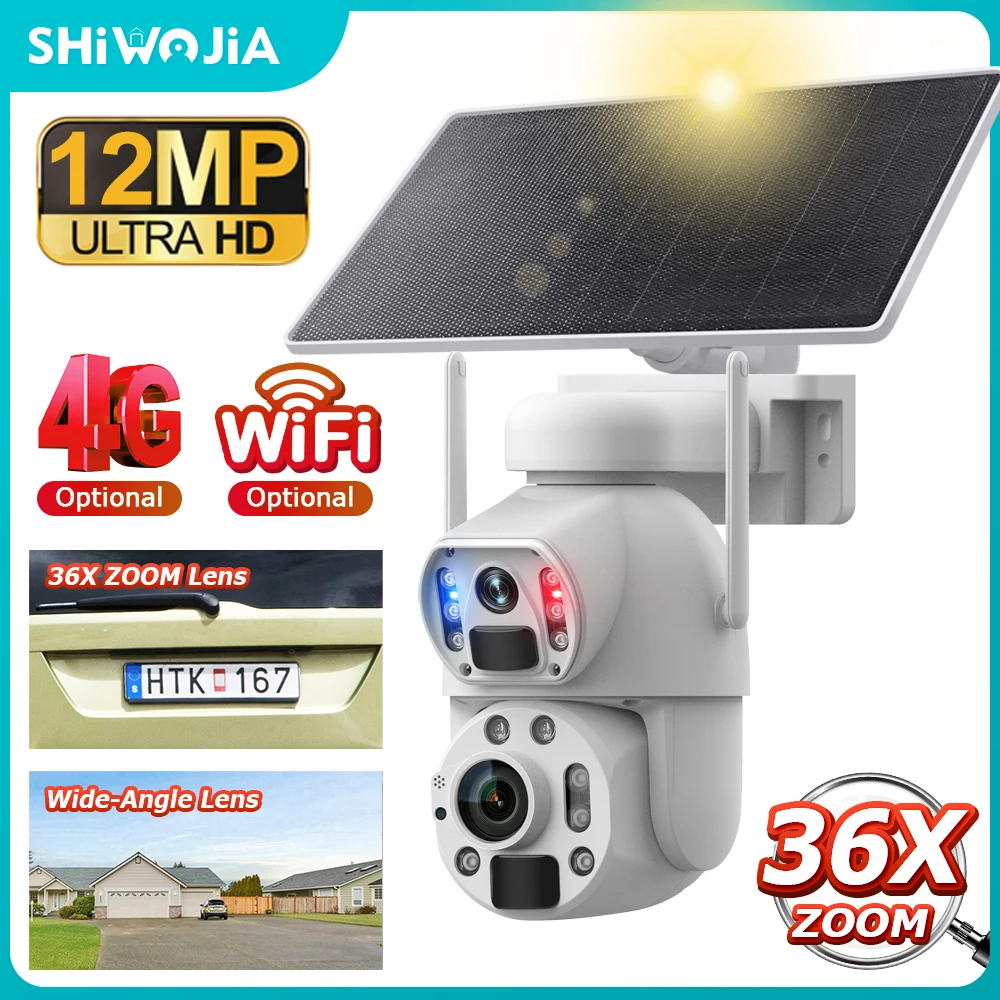 SHIWOJIA 4G Solar Camera Dual Lens Dual Screen 6K 12MP 36X Zoom Human Detect Auto Tracking Outdoor 10W Solar Panel WIFI CCTV