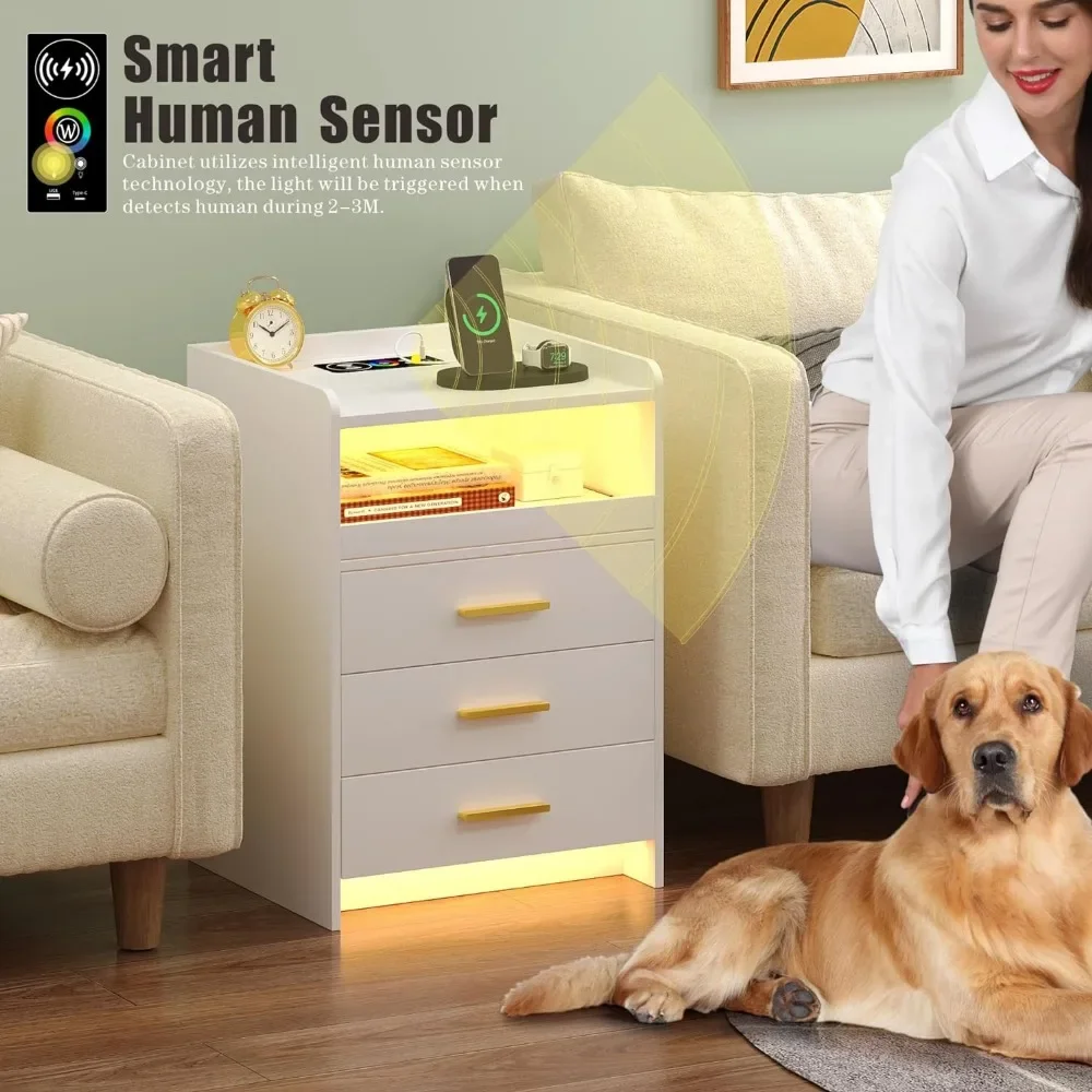 Bedroom Bedside Table LED Modern Bedside Table With RGB Light and Occupancy Sensor Design Living Room Office 3 Drawers Furniture