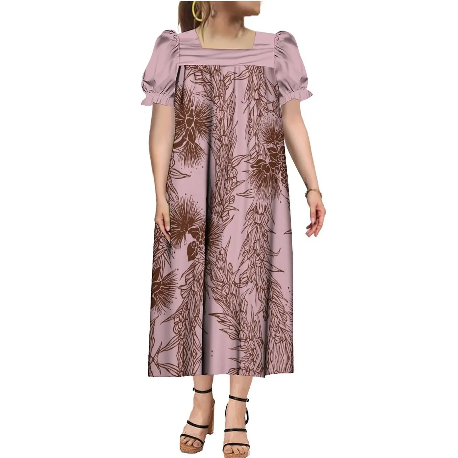 Polynesian Fashion Women Dress Ship Fast Samoa Square Neck Summer Short Sleeve Long Dress MUMU Customized Pattern