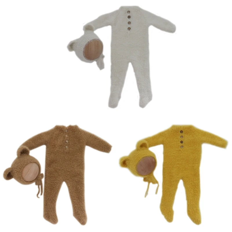 

2 Pcs/Set Newborn Photography Props Outsuits Baby Knitted Romper Ears Hat Set Infants Photo Jumpsuit