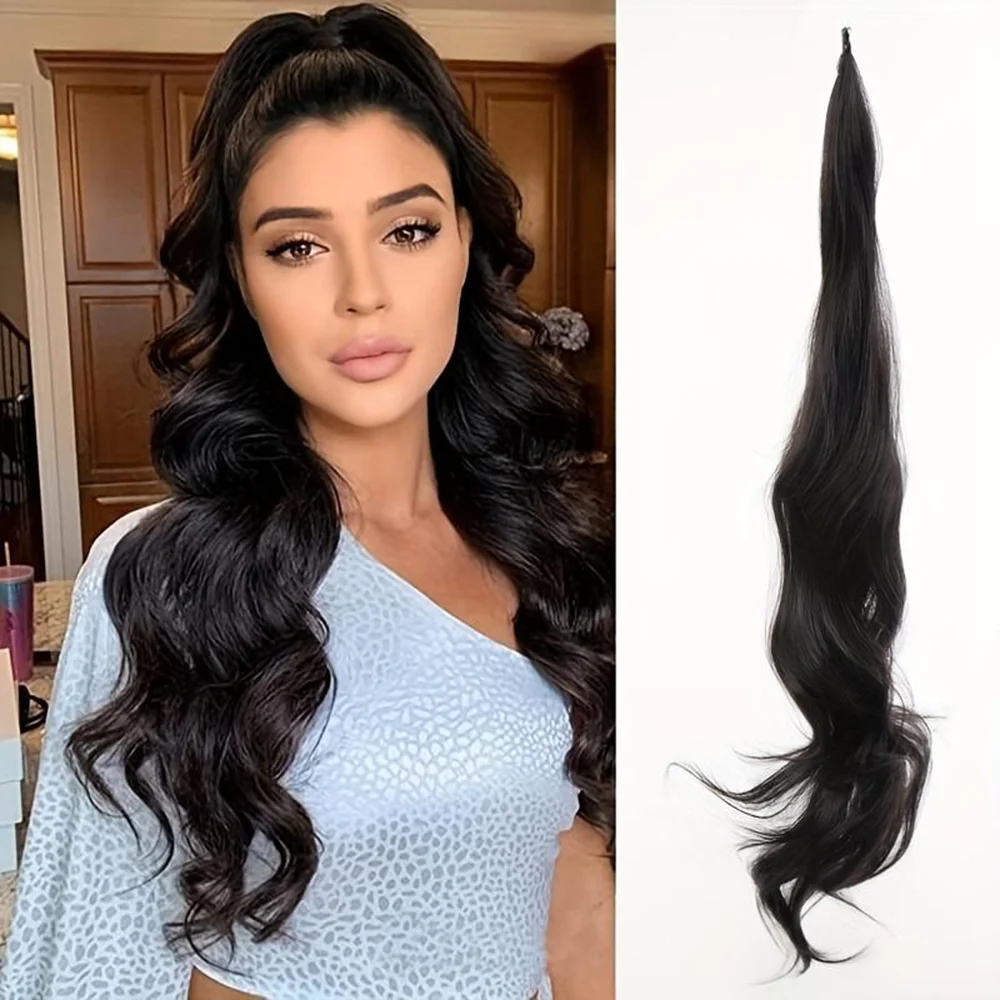 

Гибкий хвост с запахом, 32-дюймовый длинный вьющийся волнистый хвост, черные гибкие синтетические накладные волосы для женщин