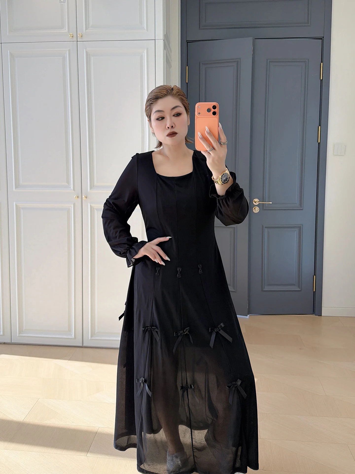 

Hebe Style Knot Dress Large Size Women Elegant Square Collar 200 Pounds Fat MM Slimming Long Dress