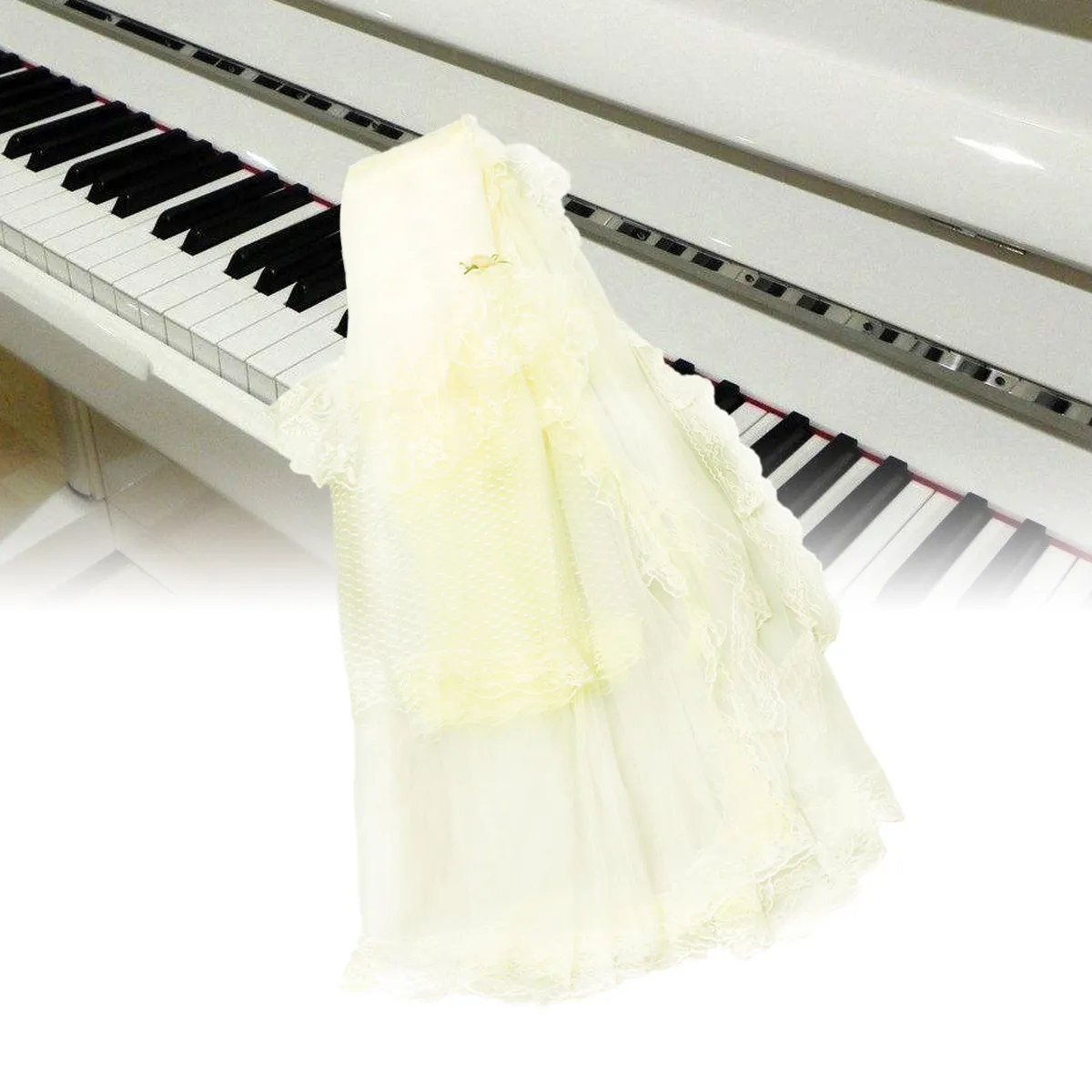 

Beige Romantic Lace Piano Cover with Floral Embellishments European Style Elegant Dust Protector for Grand Upright Keyboard