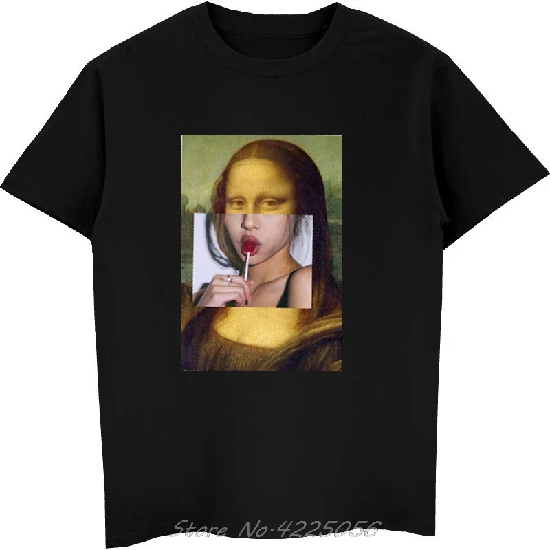 Mona Lisa Eat Lolly Pop Funny T-Shirt men Hip Hop VogueT Shirt Casual Tshirts Vintage Aesthetic Clothes Harajuku Top Tees