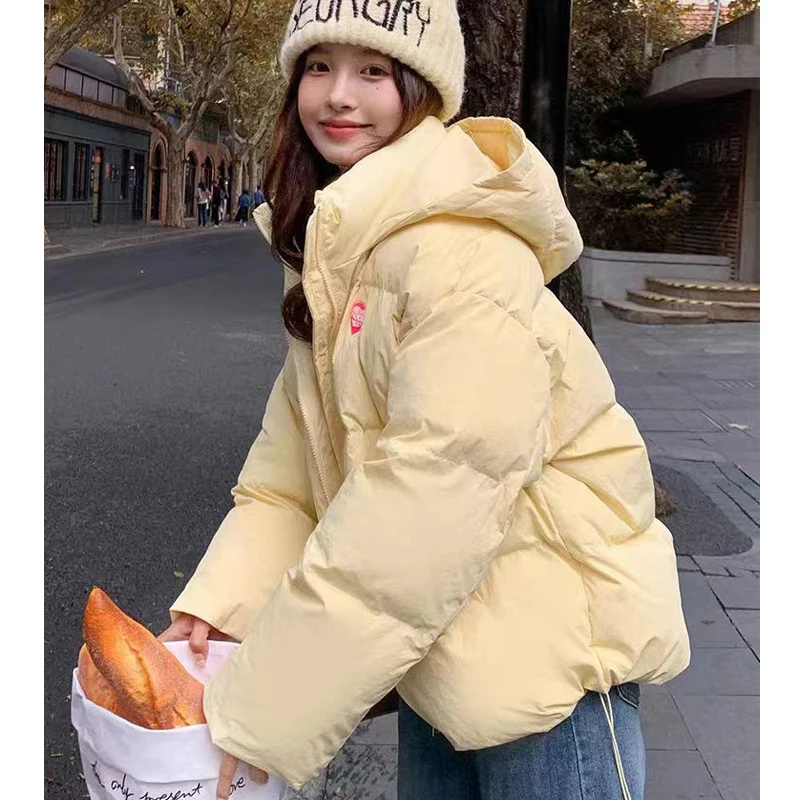 FIGOHR Women's Sweet Down Jacket Preppy Style Hooded Solid Bread Jacket Cropped Overcoat Pockets Female Overcoat 2024 Winter