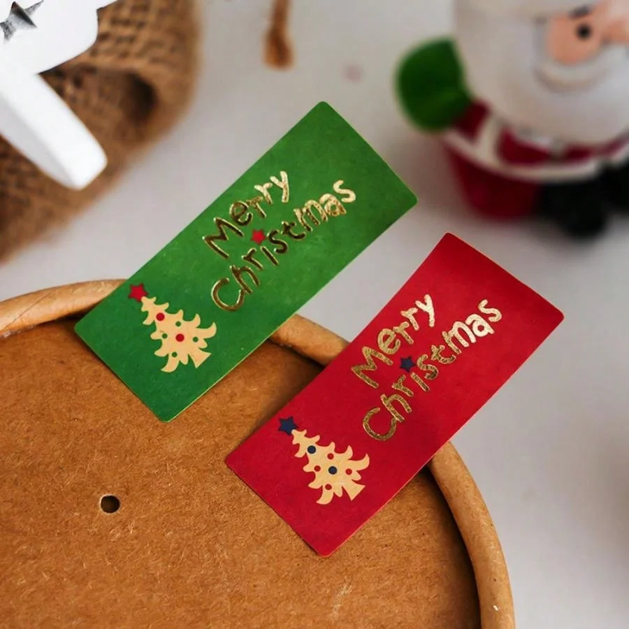 

50pcs Christmas Tree Sealing Stickers Vintage Kraft Paper Baking Packaging Hot Stamping Sticker Gift Stickers Decorative Sticker