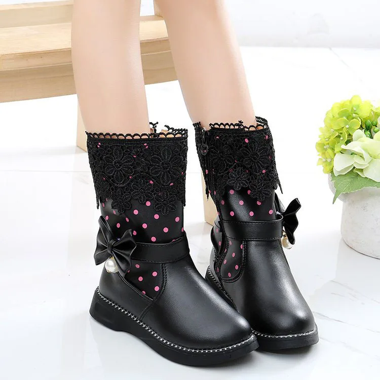 JGSHOWKITO Girls Boots Warm Cotton Kids Fashion Boots Children Winter Shoes For Girls Snow Boots PU Leather Lace Bow-knot Sweet