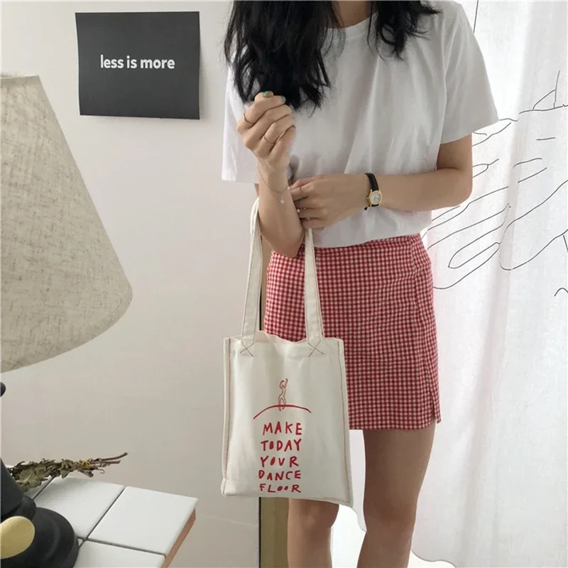 Youda Women\'s Korean Simple Handbag Red Letter Printing Art Reusable Shoulder Bags Summer Ladies Canvas Book Shopping Totes Bag