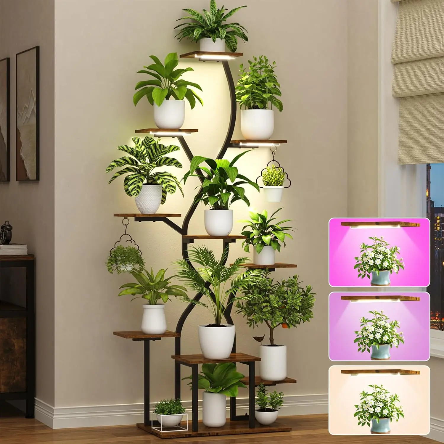

10 Tier Plant Stand with Grow Lights 63" Corner Shelves for Indoor Plants, X Shape Metal Flower Display Rack for Home