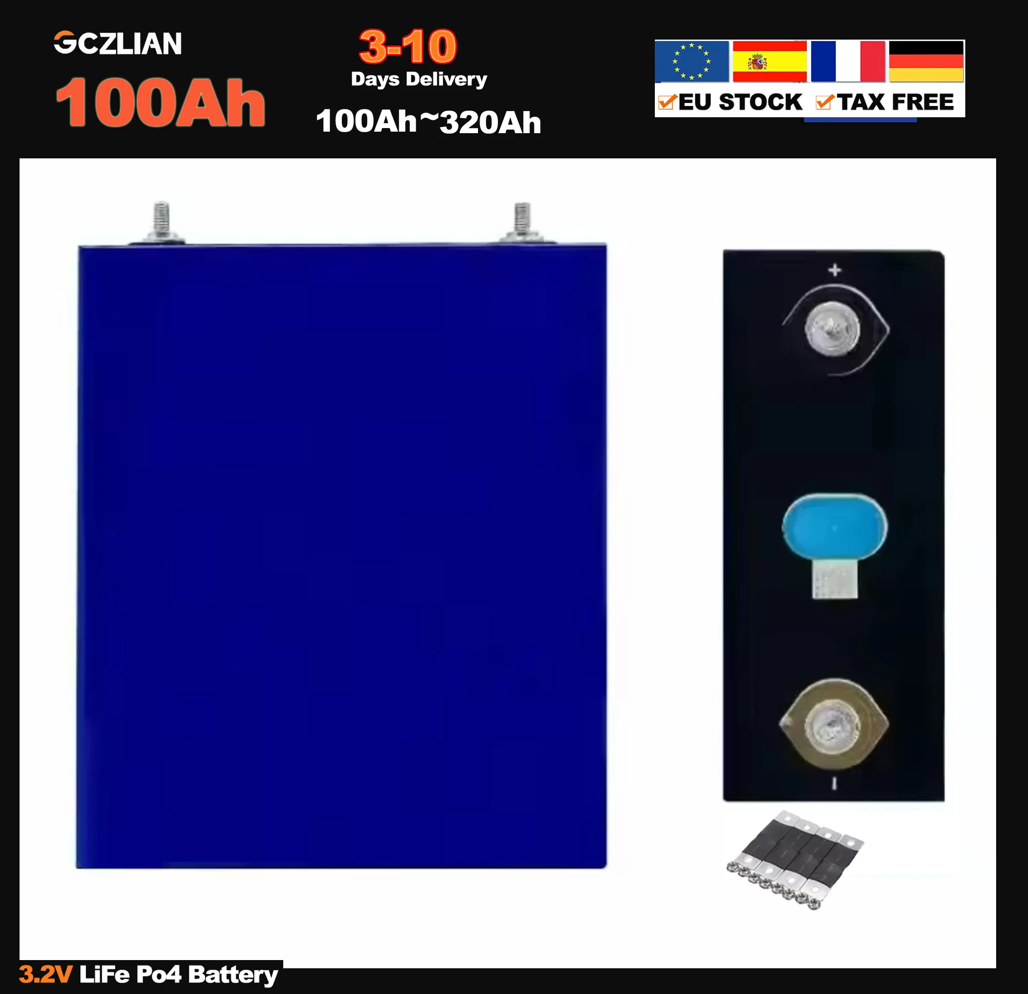 GCZLIAN LiFePO4 Batteria Grado A 3,2 V 100 Ah 10000 Cicli Batteria LifePo4 Sistema di Energia di Accumulo Domestico Stock UE