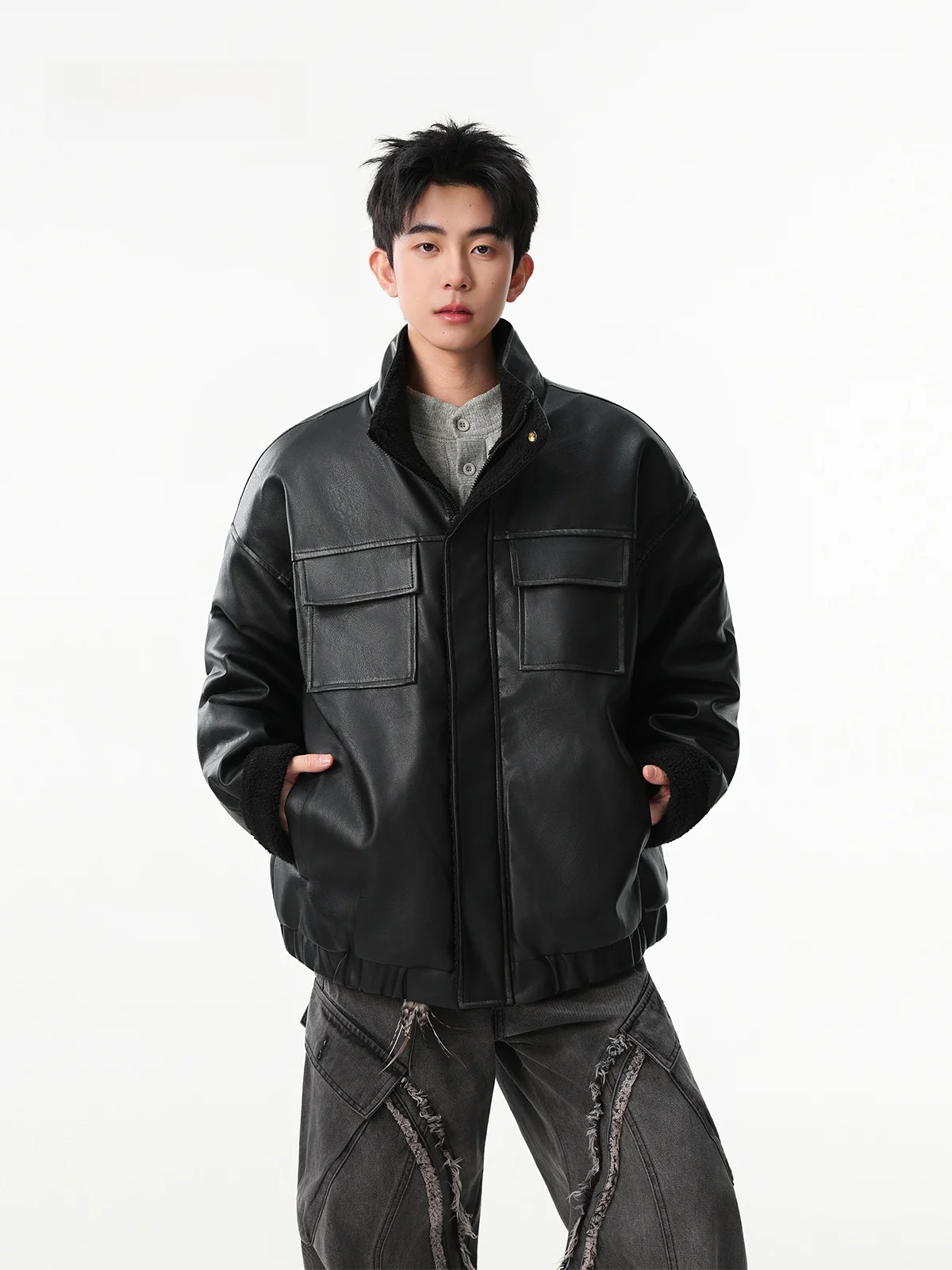 

Мужская хлопковая куртка из искусственной кожи American Sle Lamb Velvet, крутая рабочая одежда в стиле ретро с воротником-стойкой, универсальная куртка High Street...