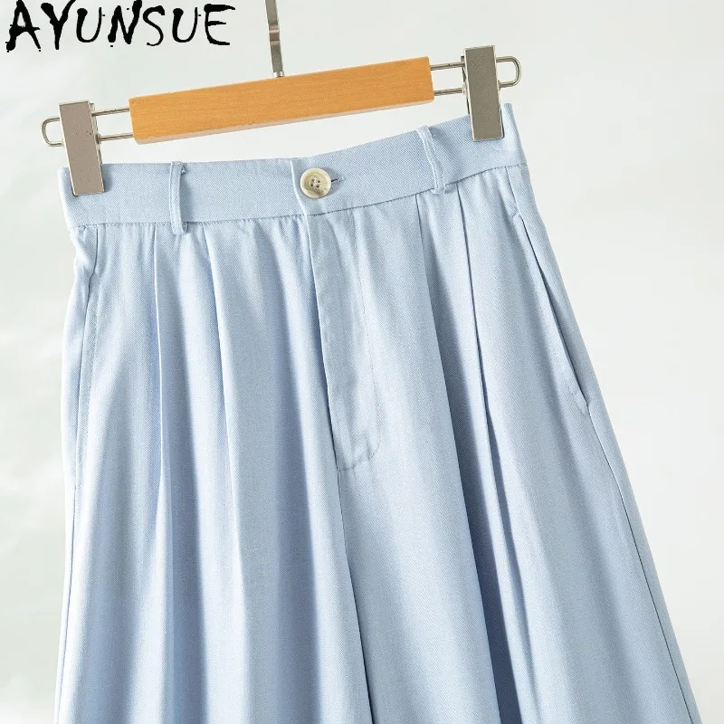 

AYUNSUE 100% Silk Women's Pants Solid Casual Wide Leg Pants for Women Stylish Commuting Summer Pants Woman Clothes Брюки Женские