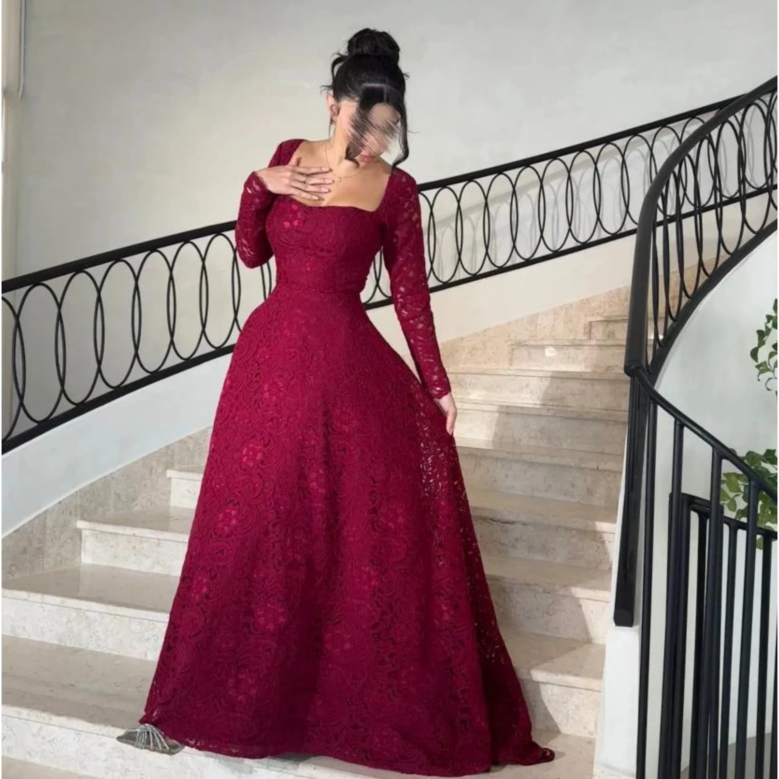 

Бордовые вечерние платья трапециевидной формы с длинными рукавами и кружевом Vestido de Fiesta, длинные халаты на заказ, длиной до пола