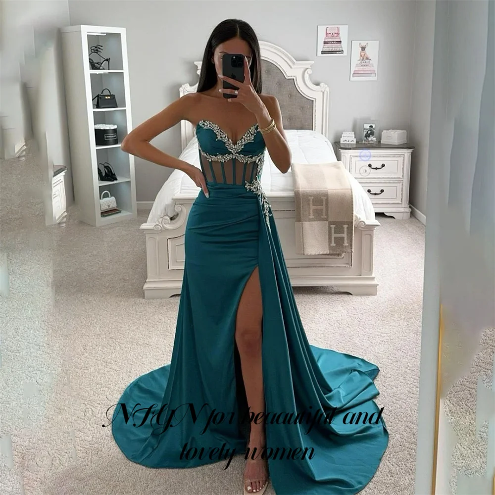 

NFYN Blue Mermaid Formal Gown Dresses Sleeveless Sequin Women's Evening Dress Pleat Celebrity Dress with High Split Customized