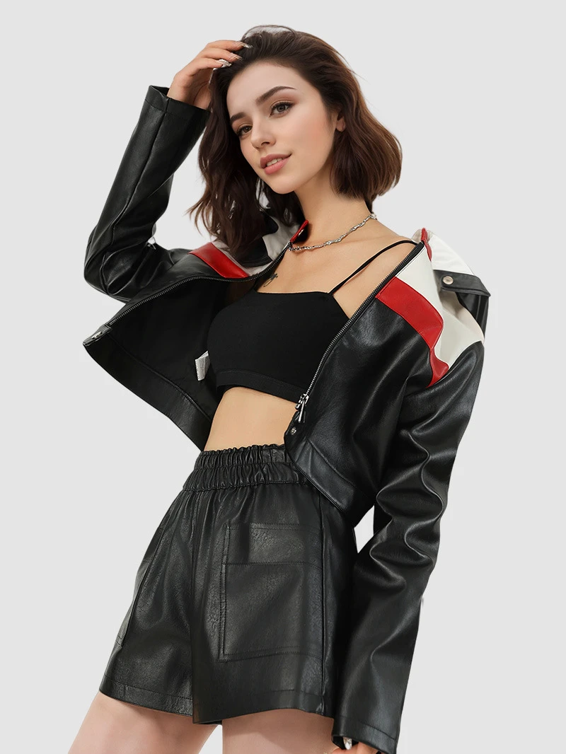 PU faux leather women's new color blocked splicing motorcycle style long sleeves short leather jacket zipper streetwear traf