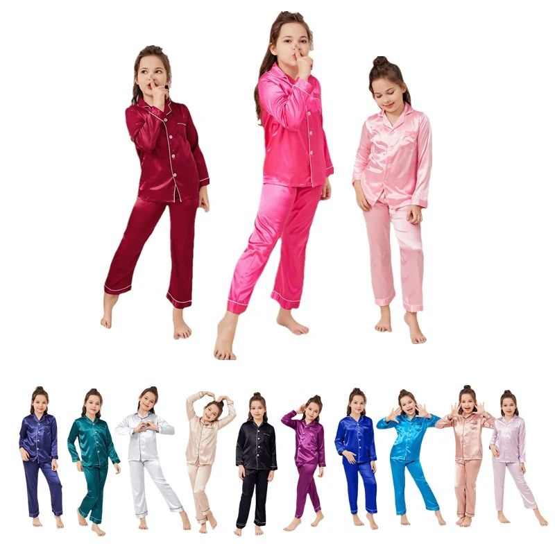 Retail Kids Children Pajamas Set Girls Boys Satin Silk Pajama Sets Girl Sleepwear Long Sleeve Top and Pants D70