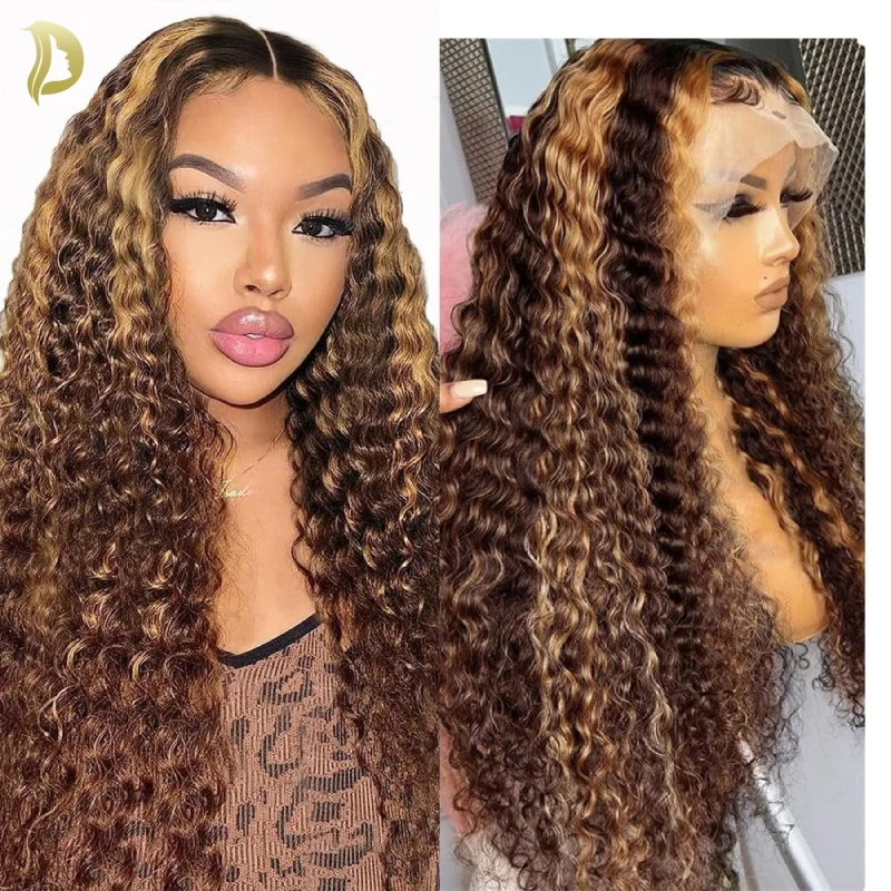 

Deep Wave Highlight Wig Human Hair Water Deep Wave Frontal Wig Blonde Honey Brown Curly Human Hair Wigs Colored lace front wig