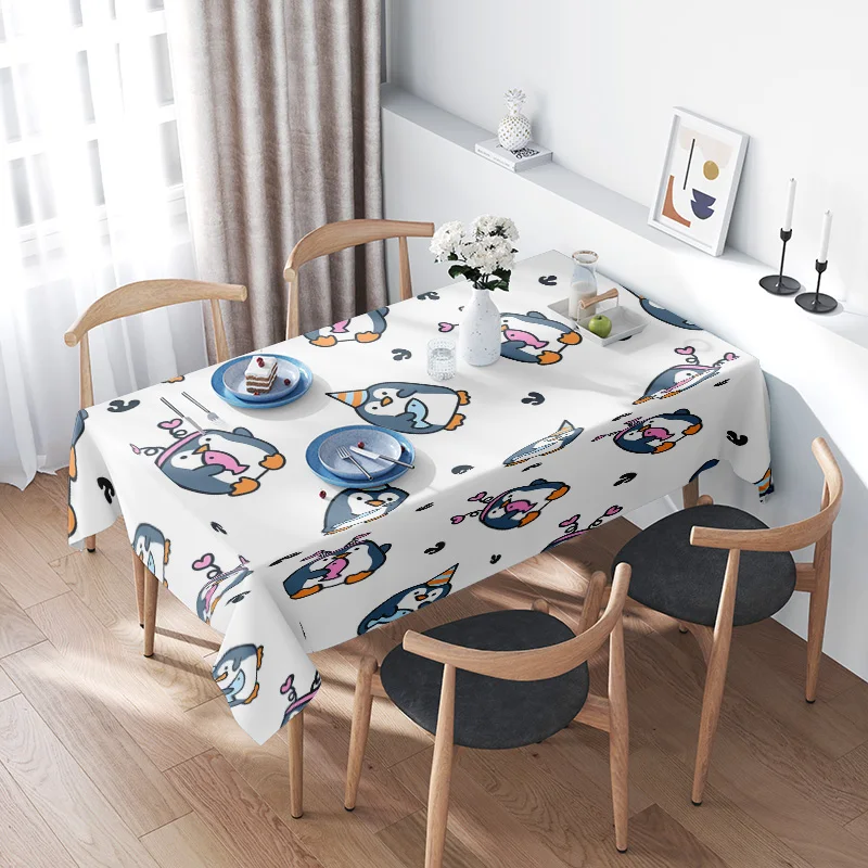 

Tablecloth with cartoon penguin design for kids dining room or kitchen decor, multifunctional table cover made from high-quality