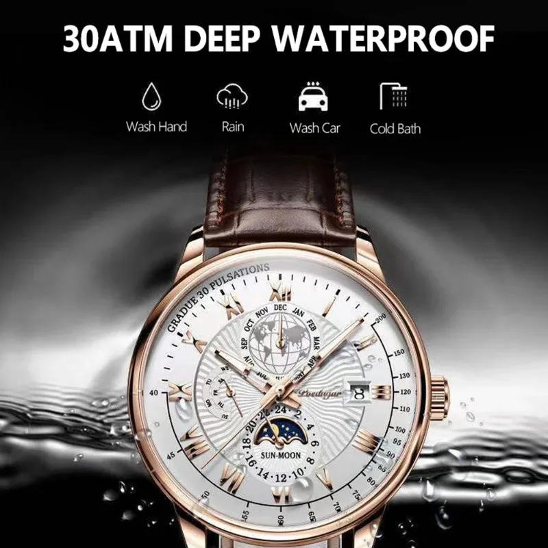 Luxury Man Watch Waterproof Chronograph Moon Phase Pattern Luminous Men\'s Wristwatch Leather Men Quartz Watches Casual Clock