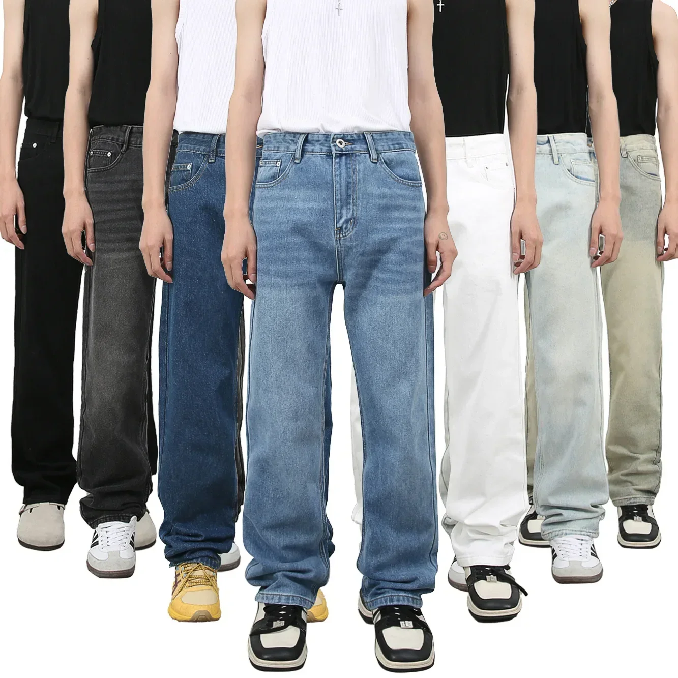 

Wide Leg Pants Men Long Pant Denim Jeans Casual Loose Pocket High Waist Splice Solid Straight Trousers Autumn Winter 2024