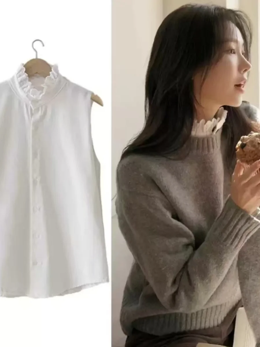 

Autumn Winter Women's Blouse Flounce Collar Svel Layering Lace Inner Tank Top irt Korean Sle Loose Fit Button Detail