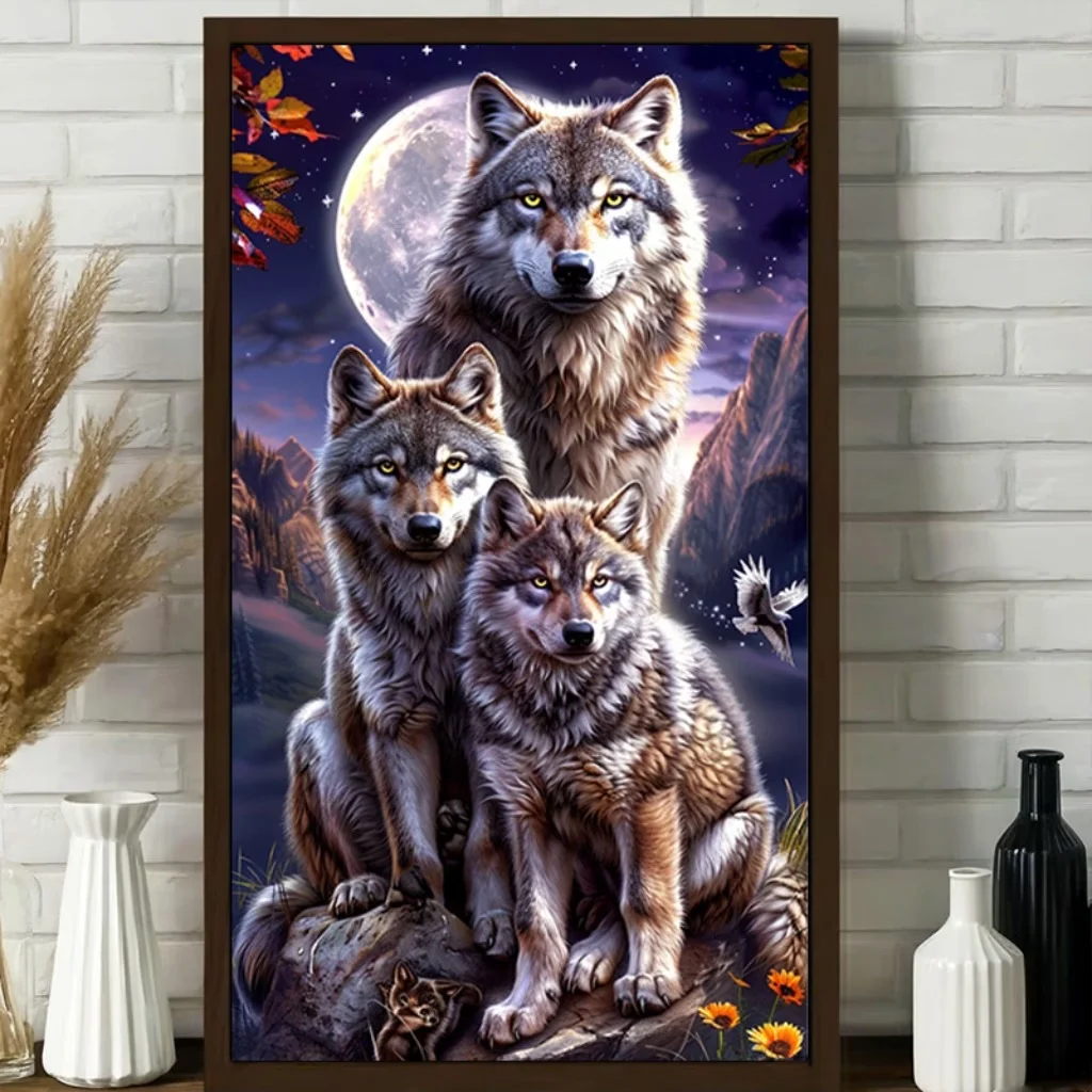 5D DIY Diamond Painting Cross Stitch Moon Wolves Family Full Round Drill Diamond Art Kits, Mosaic Embroidery, Home Wall Decor