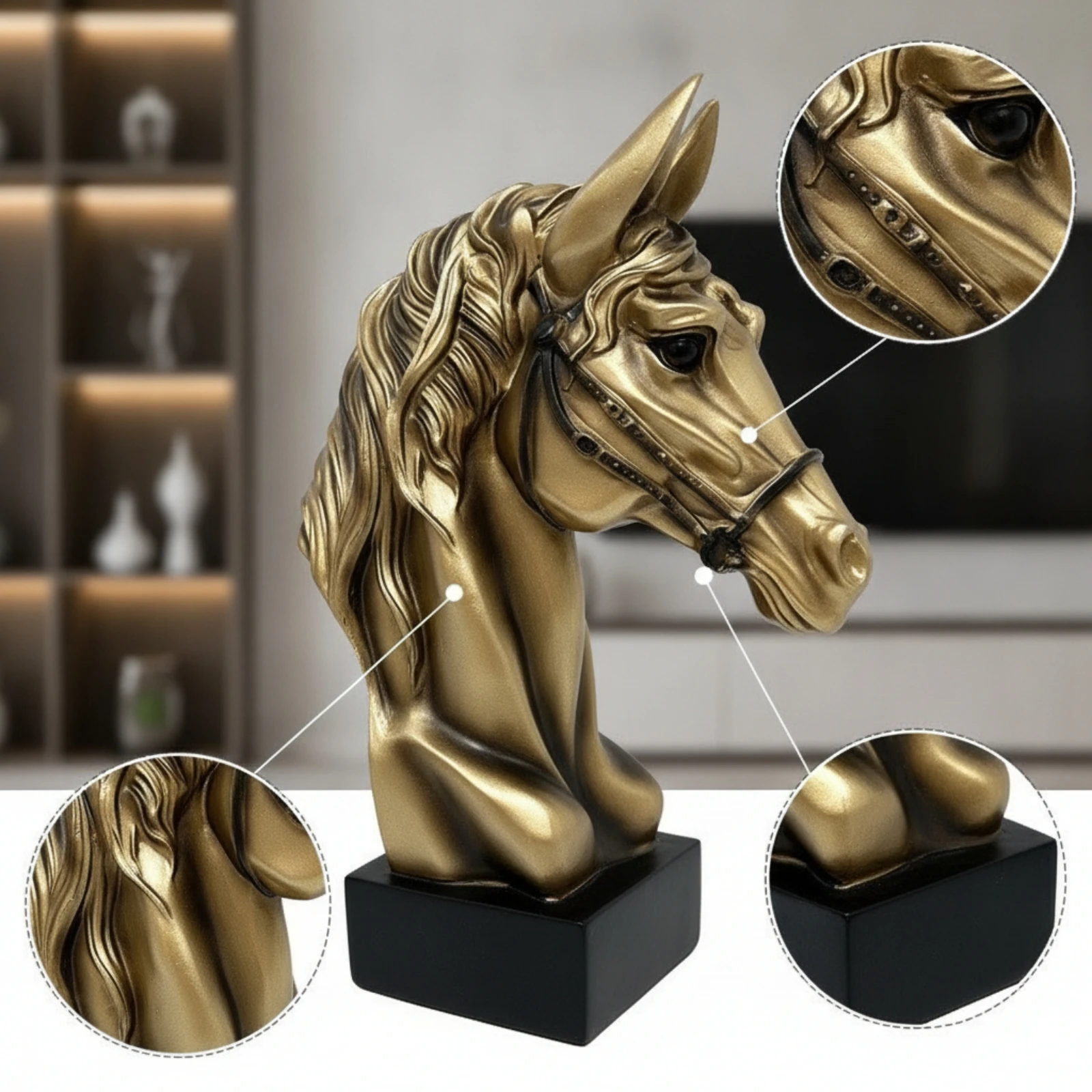 Horse Head Sculpture Vintage Bronze Horse Head Figurine Decor Equestrian Tabletop for Living Room, Office
