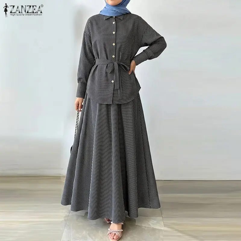 ZANZEA Fashion Muslim 2 Pieces Sets Ramadan Outfits Women Lapel Long Sleeve Shirt Dress Sets Elegant Striped OL Work Skirt Suit