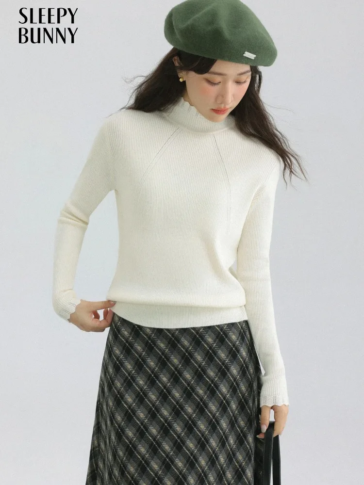 

Elegant Slim Hollow Knit Wool Sweater Mock Neck Long Sleeve Pullover Women Soft Ribbed Base Layer Top Autumn Classic Knitwear