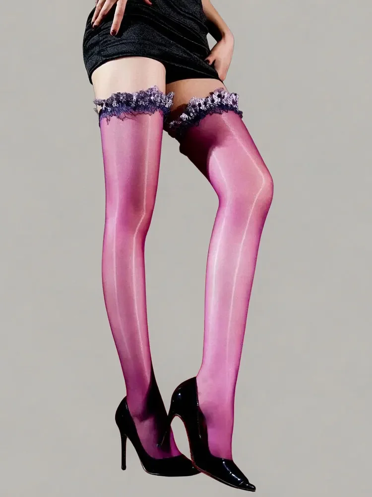 Fashion 3D Embroidery Side High Stocking Women Oil Shiny Glossy Sheer Lace Fashion Above Knee Tights Nightclub Maid Stocking