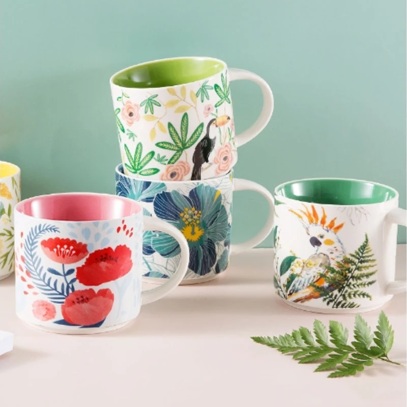 

450ML Handmade Flower and Bird Pattern Design Ceramic Mug Coffee Cup Milk Mug Home office Breakfast oatmeal Cup Ceramic Tea Mug