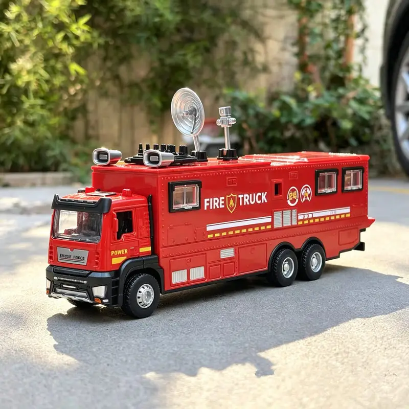 1/28 Alloy Police Mobile Command Truck Simulation Diecasts Metal Extended Fire Truck Rescue Vehicles Model Sound Light Kids Gift
