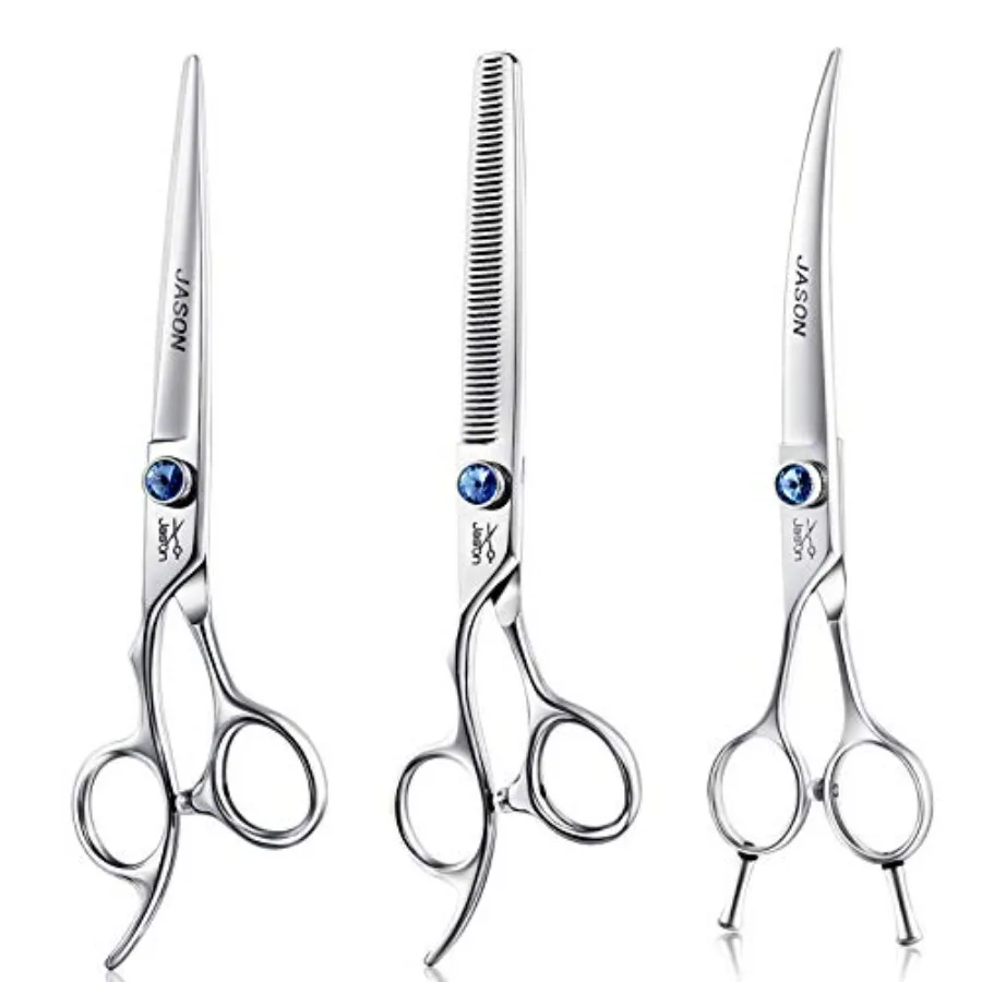 

7 Dog Grooming Scissors Set 3 in 1 Ergonomic Blending Pet Hair Trimming Kit with Offset Handle and Jeweled Screw for Cats Profe