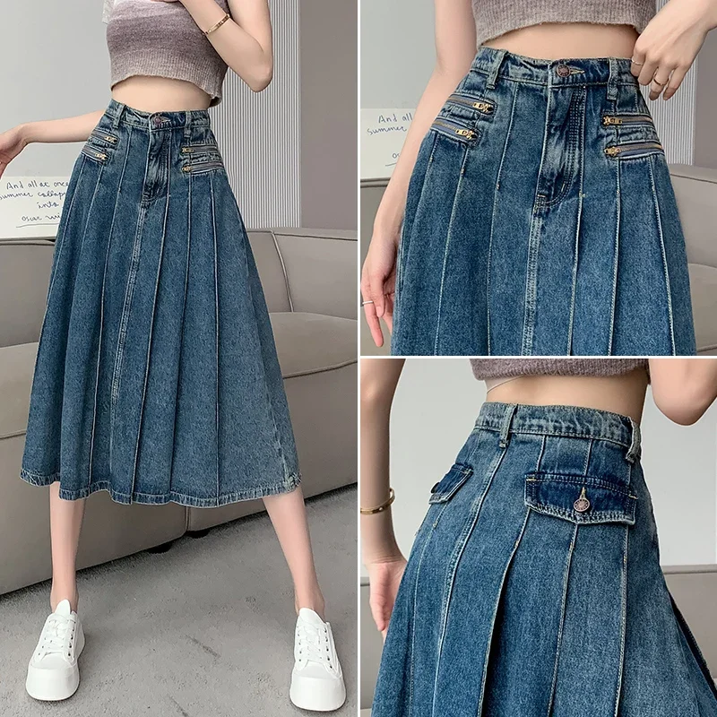 Elegante denim saia plissada senhoras mulheres cintura alta harajuku estilo coreano a linha saia longa para a menina da escola casual faldas