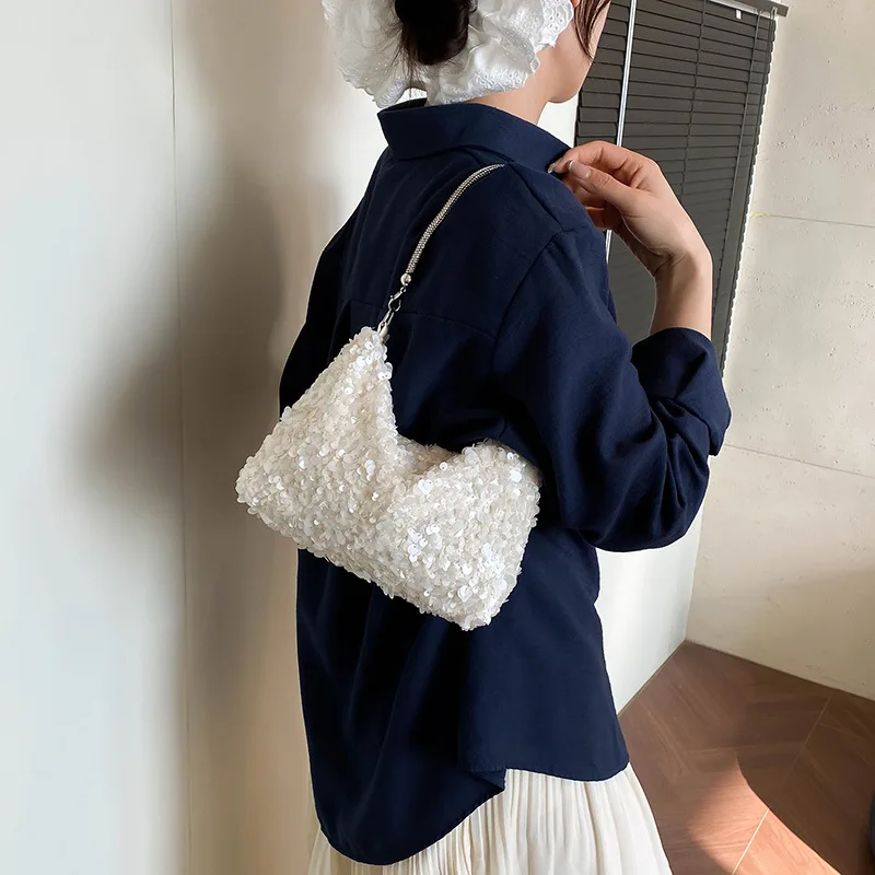 American Women's Sequined Evening Handbag Casual Fashionable High Street Luxury Design Sparkling Rhinestone Chain Shoulder Bags