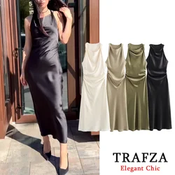 TRAFZA Fashion 2024 Spring Autumn Solid Stain Midi Dress Backless Long Dress Elegent Party Evening Dress