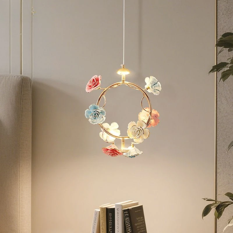 European restaurant bar counter aisle window bedroom bedside aisle entrance long line ceramic colored flower round chandelier