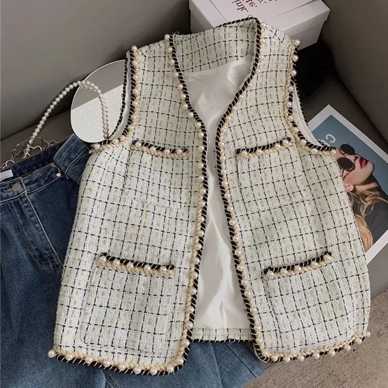 2023 Autumn New All-Matching Slim Fit Solid Vest Tweed Waistcoat Jacket Vest Women V Neck Pearl Button Spring Cardigan Female