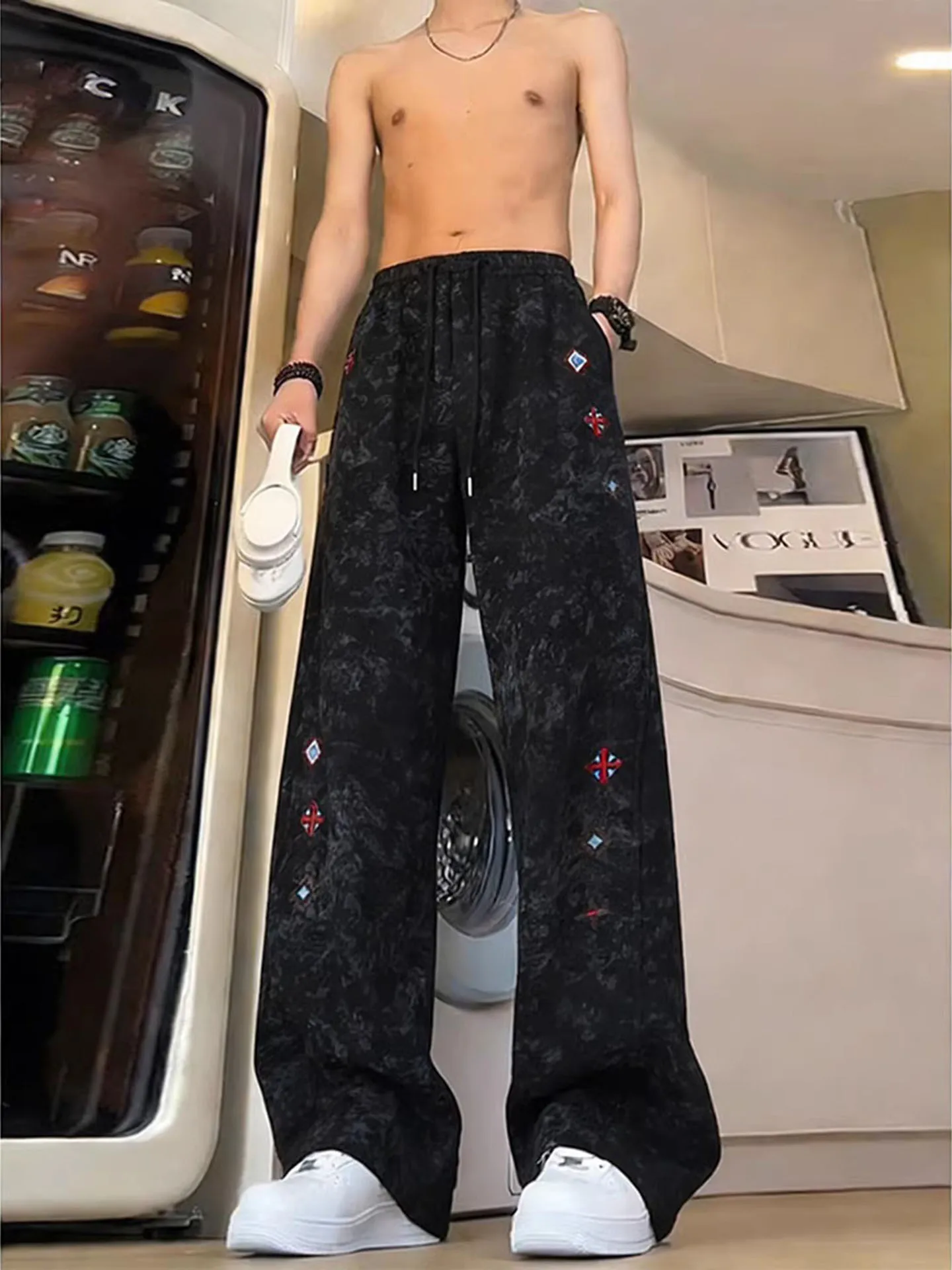 American High Street Tie Dye Embroidered Casual Pants Men's Spring Autumn Heavyweight Loose Flared Sweatpants Casual Long Tro...