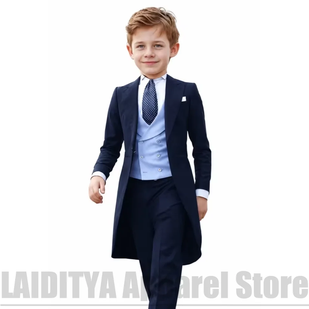 Boys Long Tailcoat Three Piece Suit Fashion Peak Lapel Wear Kids Wedding Page Boy Formal Party Graduation Ceremony Outfit