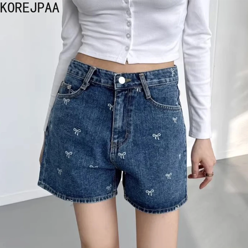 Korejpaa 2024 Zomer Retro Denim Shorts Dames Hoge Taille Veelzijdige Geborduurde Strik Print Casual Wijde Pijpen Shorts Dameskleding