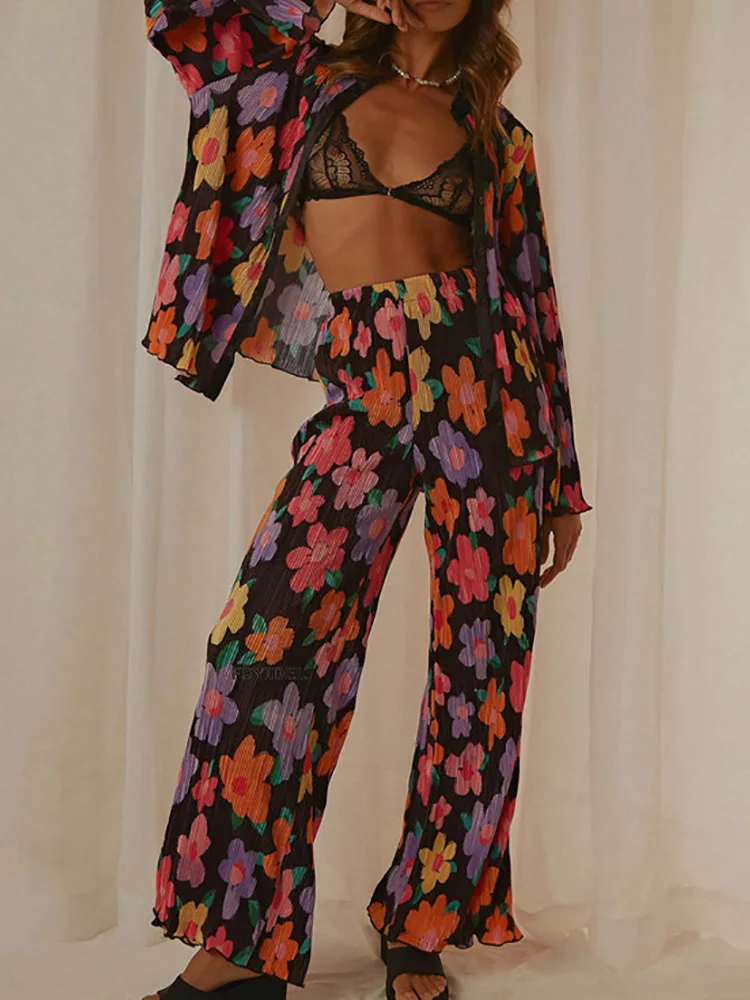 

Retro Floral Printing Two Pieces Set Sexy Women Single Breasted Streetwear Outfits Ladies Turn Down Collar Elastic Waist Suit